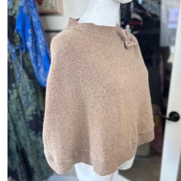 PORTOLANO 100% Cashmere Poncho Sweater Taupe Bow Mock Neck‎ - Picture 3 of 9